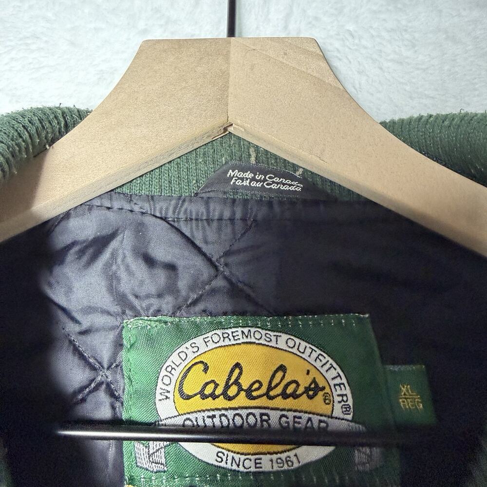 Vintage Cabela's Green Wool and Brown Leather Bomber Jacket Quilted Lining XL - Picture 4 of 16